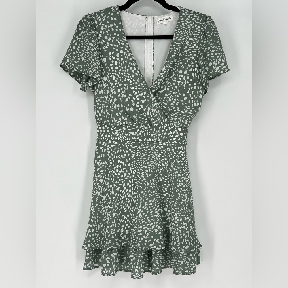 Emerald Sundae printed A-line dress in sage green dot print, V-neck &‎ ruffle.